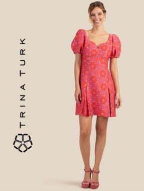 Trina Turk Devi Floral Puff Sleeve Mini Dress - Shades of Pink & Coral - Size 10
